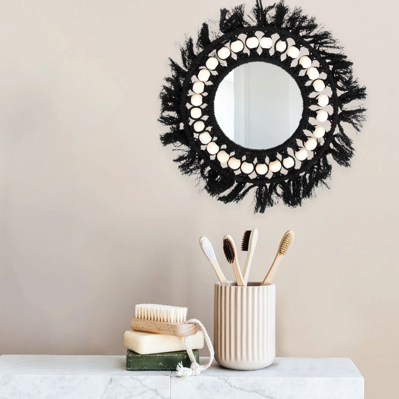 2pcs Black Handmade Tapestry Mirror with Wood Beads Decor Makeup Decorations Home Supplies - Image 2