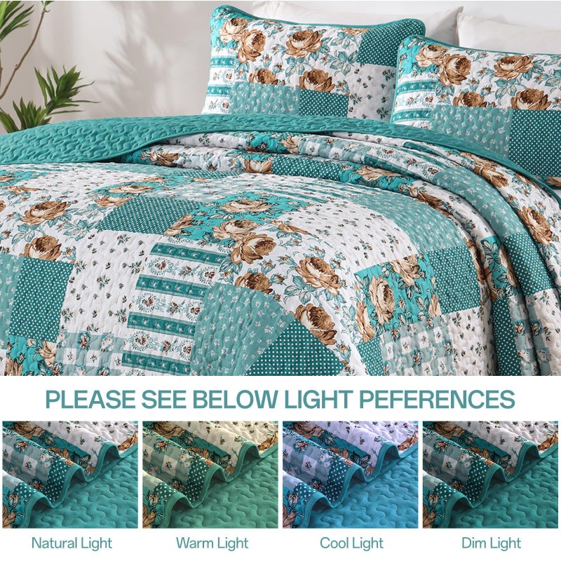 Anibedding Teal Quilt Set Queen Size Patchwork Floral Bedspread Coverlet, Soft Microfiber Farmhouse Boho Quilted Bedding Set, Teal Plaid Rustic Bed Cover for All Season 96''x90'' - Image 5