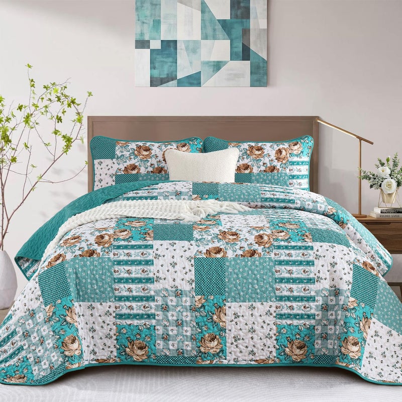 Anibedding Teal Quilt Set Queen Size Patchwork Floral Bedspread Coverlet, Soft Microfiber Farmhouse Boho Quilted Bedding Set, Teal Plaid Rustic Bed Cover for All Season 96''x90'' - Image 1