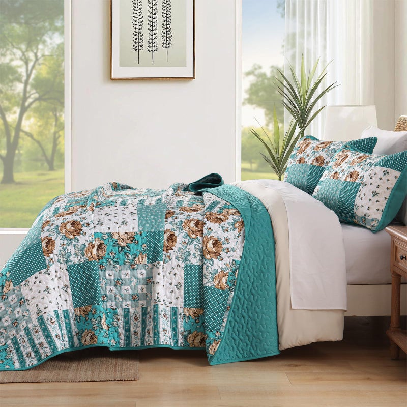 Anibedding Teal Quilt Set Queen Size Patchwork Floral Bedspread Coverlet, Soft Microfiber Farmhouse Boho Quilted Bedding Set, Teal Plaid Rustic Bed Cover for All Season 96''x90'' - Image 3
