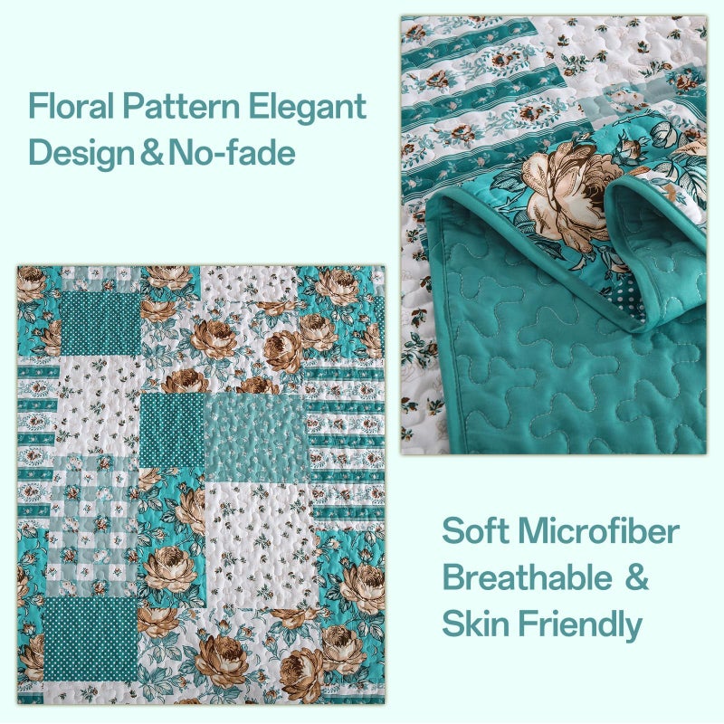 Anibedding Teal Quilt Set Queen Size Patchwork Floral Bedspread Coverlet, Soft Microfiber Farmhouse Boho Quilted Bedding Set, Teal Plaid Rustic Bed Cover for All Season 96''x90'' - Image 4