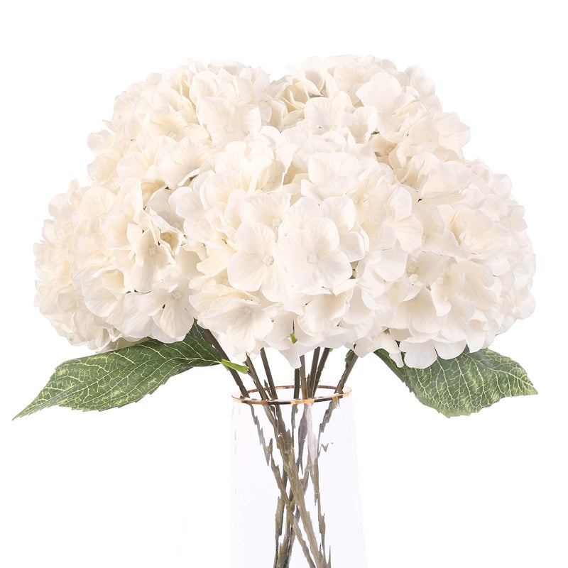Louiesya Artificial Flowers Silk Hydrangea Flowers with 5 Big Heads Fake Flower Bunch Bouquet for Home Wedding Party Decor DIY White 5 Flower Heads