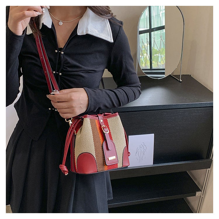 Striped Contrast Color Portable Bucket Bag For Women 2023 Autumn New Korean Style Fashionable Western Style Shoulder Messenger Bag - Image 1