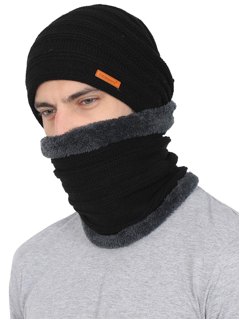 FabSeasons Unisex Acrylic Woolen Combo of Beanie/Skull Cap & Muffler for Winters with Faux Fur Lining Black - Image 1