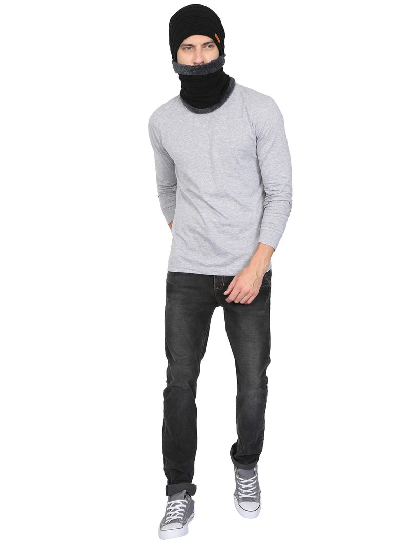 FabSeasons Unisex Acrylic Woolen Combo of Beanie/Skull Cap & Muffler for Winters with Faux Fur Lining Black - Image 5