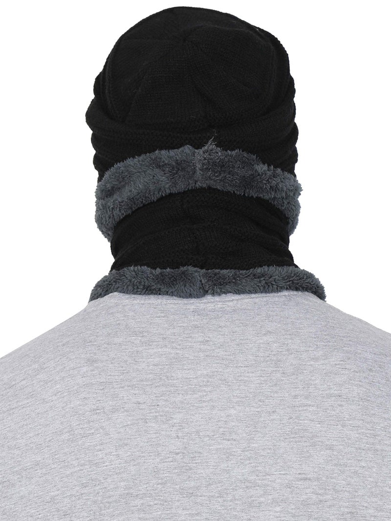 FabSeasons Unisex Acrylic Woolen Combo of Beanie/Skull Cap & Muffler for Winters with Faux Fur Lining Black - Image 2