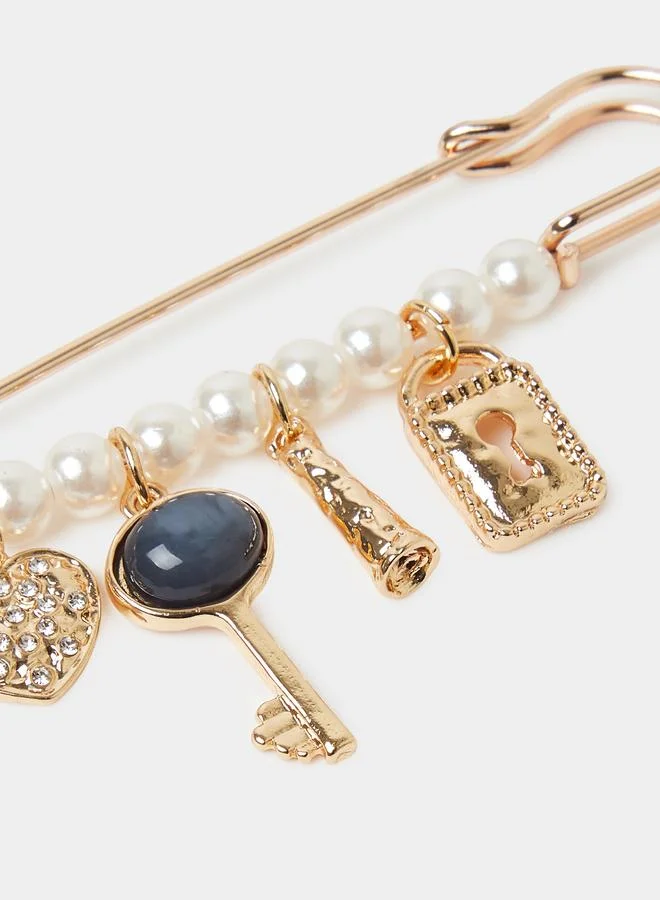 Styli  Gold Tone Pearl Brooch with Heart and Key Charms for Women | Best Price UAE