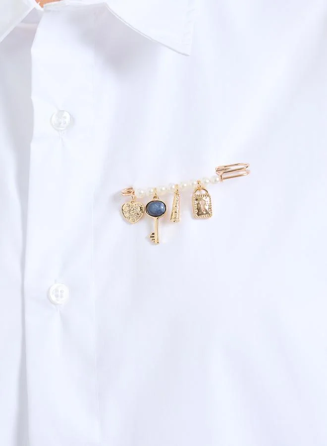 Gold Tone Pearl Brooch with Heart and Key Charms