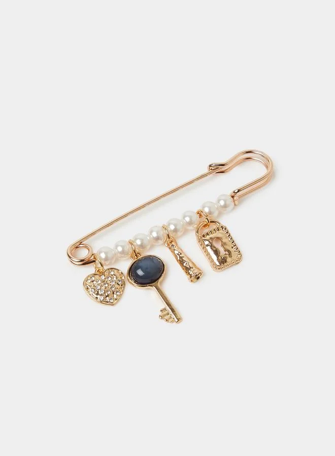 Styli  Gold Tone Pearl Brooch with Heart and Key Charms for Women | Best Price UAE