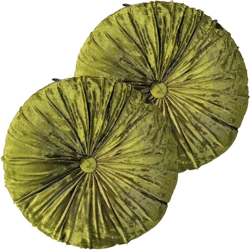 Verpert Pack 2：Round Floor Cushions Pillow, Solid Color Velvet Meditation Cushion Pumpkin Pleated Meditation Pillow for Home Sofa Bed Car Decor Floor Pillow Cushion Green - Image 1