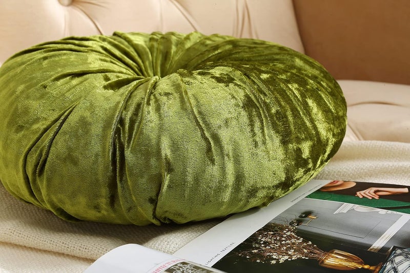 Verpert Pack 2：Round Floor Cushions Pillow, Solid Color Velvet Meditation Cushion Pumpkin Pleated Meditation Pillow for Home Sofa Bed Car Decor Floor Pillow Cushion Green - Image 3