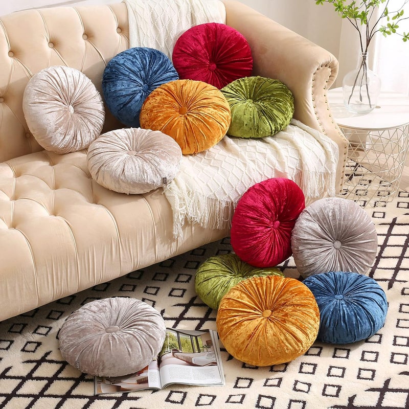 Verpert Pack 2：Round Floor Cushions Pillow, Solid Color Velvet Meditation Cushion Pumpkin Pleated Meditation Pillow for Home Sofa Bed Car Decor Floor Pillow Cushion Green - Image 5