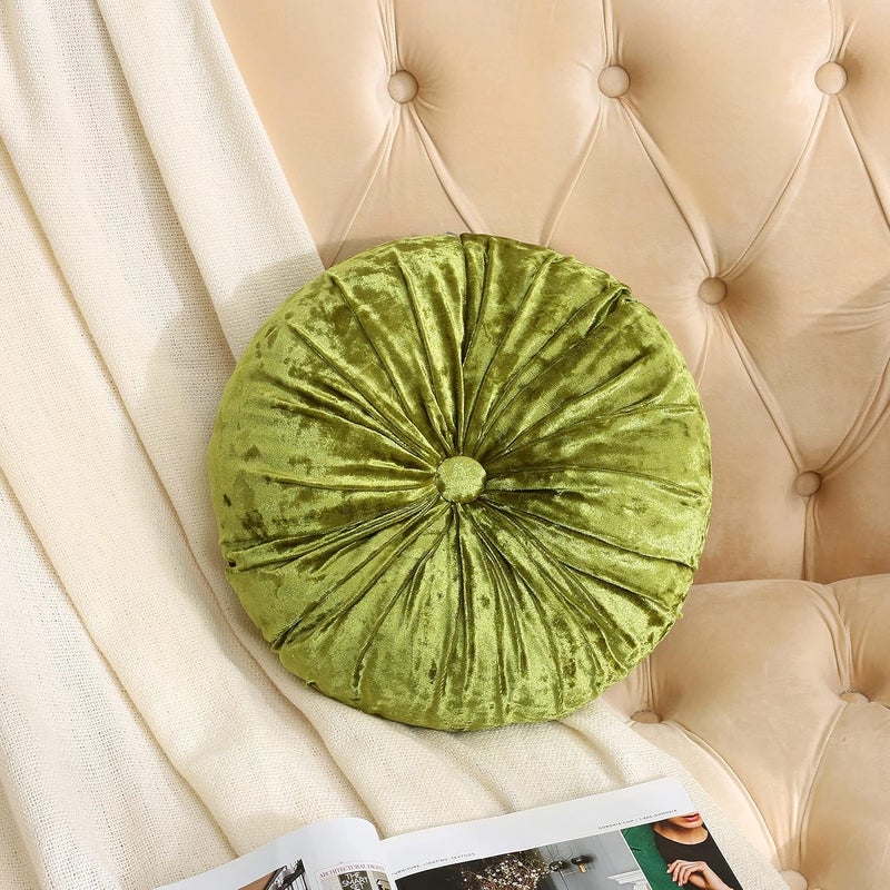 Verpert Pack 2：Round Floor Cushions Pillow, Solid Color Velvet Meditation Cushion Pumpkin Pleated Meditation Pillow for Home Sofa Bed Car Decor Floor Pillow Cushion Green - Image 4