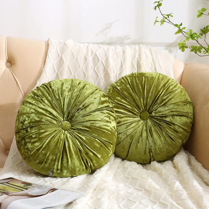 Verpert Pack 2：Round Floor Cushions Pillow, Solid Color Velvet Meditation Cushion Pumpkin Pleated Meditation Pillow for Home Sofa Bed Car Decor Floor Pillow Cushion Green - Image 2