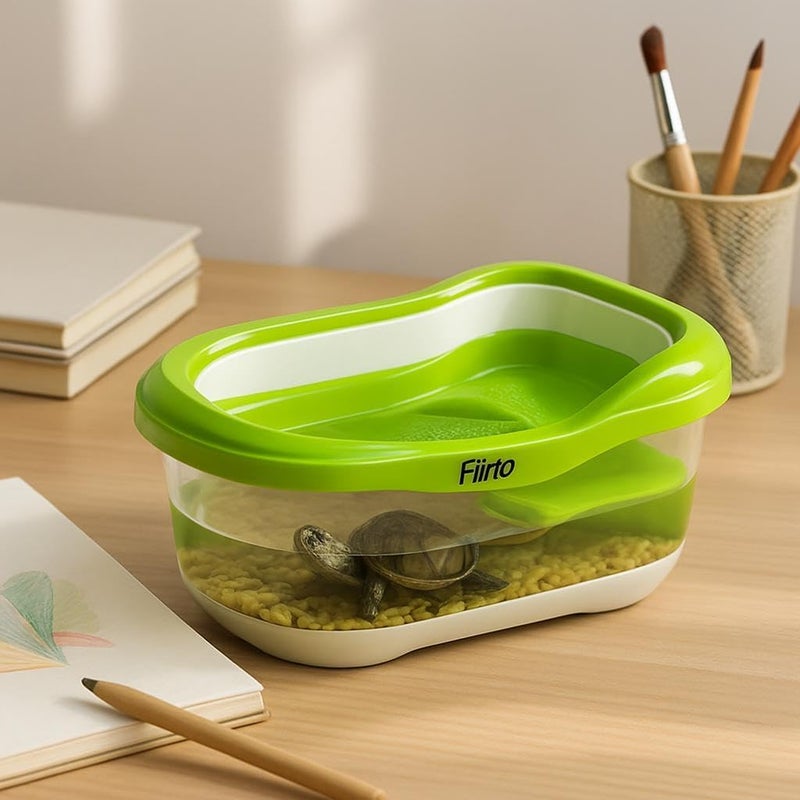 FITTO Turtle Tank - Green, 45.5 x 25.5 x 17.6 cm, Compact Turtle Breeding Box with Sundeck, Modern Habitat for Brazilian Turtles, Water and Soil Setup, Perfect for Small Spaces and Desktop Use - Image 2