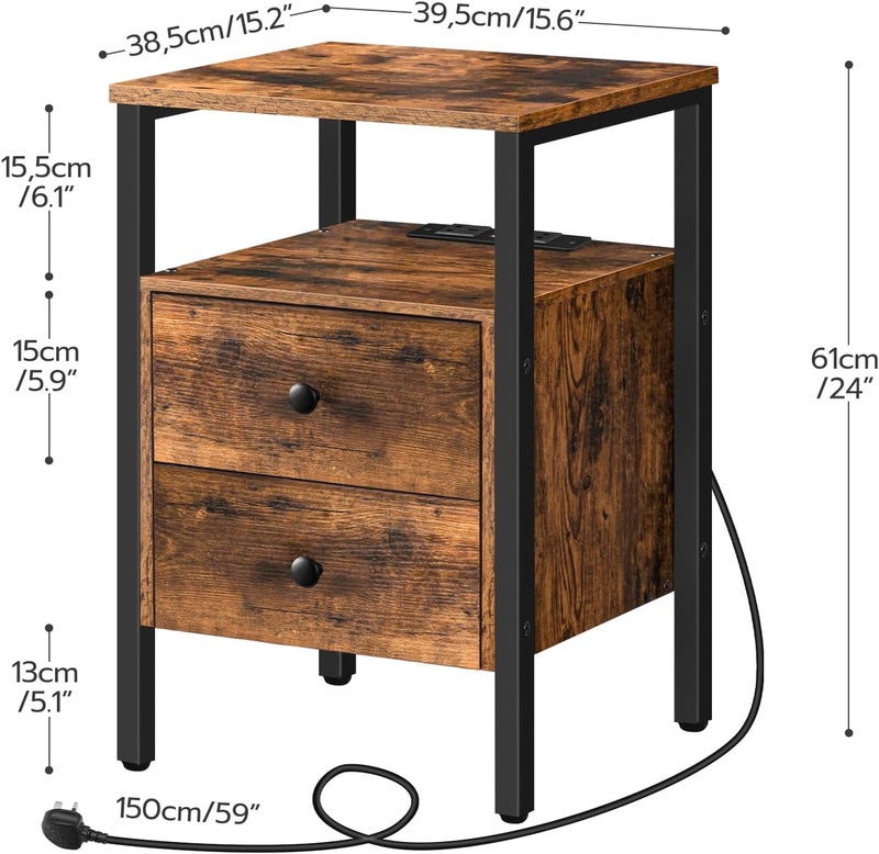 HOOBRO Side Table with Charging Station, Nightstand with USB Ports & Power Outlet, Industrial Bedside Table with 2 Storage Drawers for Small Spaces, for Living Room, Bedroom, Rustic Brown EBF43KBZ01G2 - Image 3