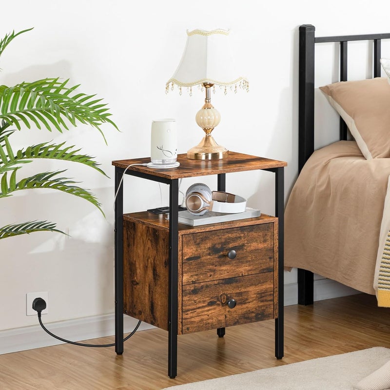 HOOBRO Side Table with Charging Station, Nightstand with USB Ports & Power Outlet, Industrial Bedside Table with 2 Storage Drawers for Small Spaces, for Living Room, Bedroom, Rustic Brown EBF43KBZ01G2 - Image 2