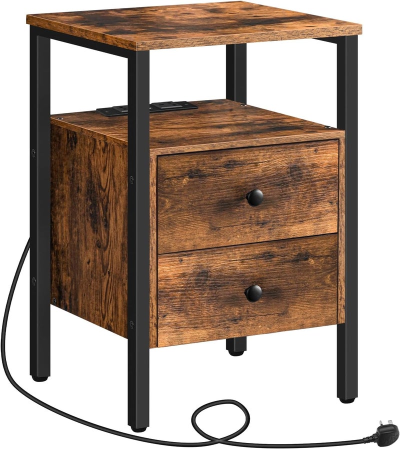 HOOBRO Side Table with Charging Station, Nightstand with USB Ports & Power Outlet, Industrial Bedside Table with 2 Storage Drawers for Small Spaces, for Living Room, Bedroom, Rustic Brown EBF43KBZ01G2 - Image 1