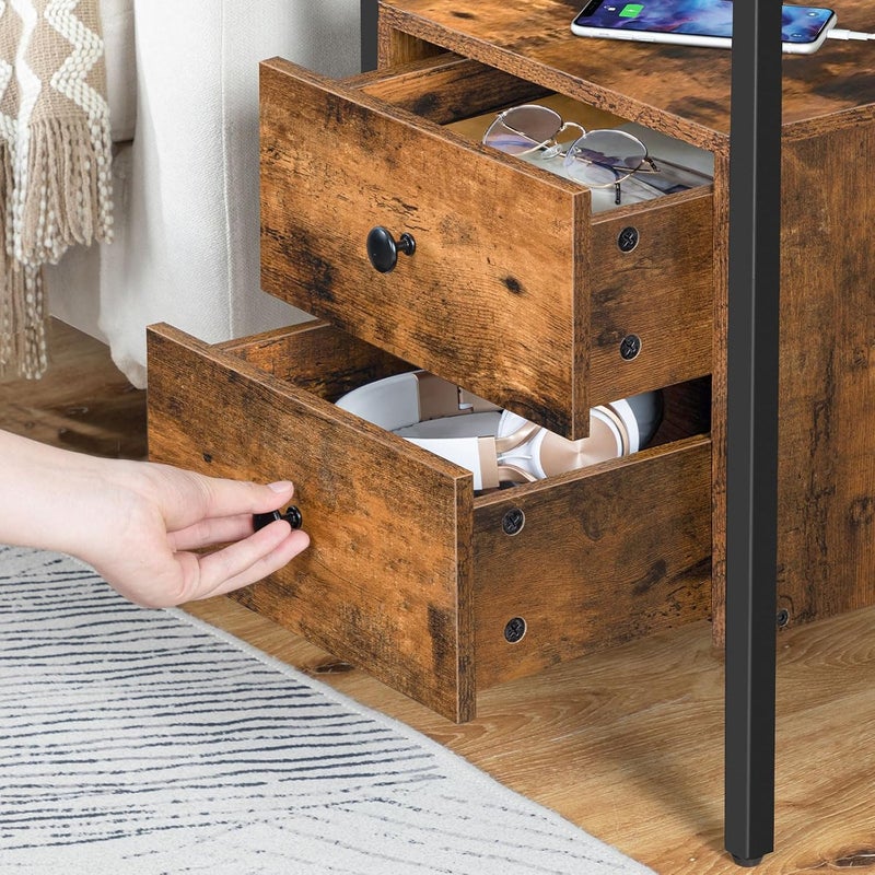 HOOBRO Side Table with Charging Station, Nightstand with USB Ports & Power Outlet, Industrial Bedside Table with 2 Storage Drawers for Small Spaces, for Living Room, Bedroom, Rustic Brown EBF43KBZ01G2 - Image 4