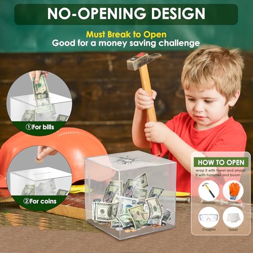 Vcertcpl Acrylic Clear Piggy Bank Money Saving Box for Cash Saving, Must Break to Open, 1.4L Capacity, Clear Cube, Unisex, Adults and Children - Image 3