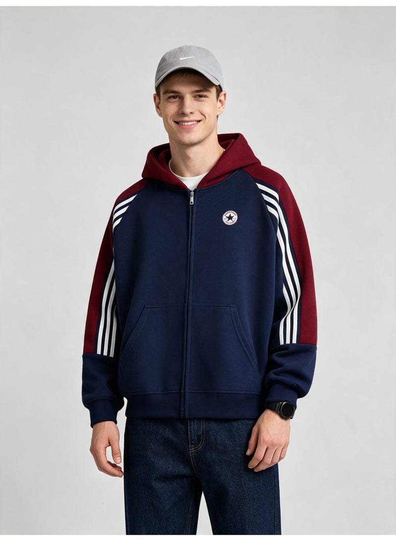 كونفرس Converse men and women with matching color hooded striped raglan sleeve zipper jacket - Image 1
