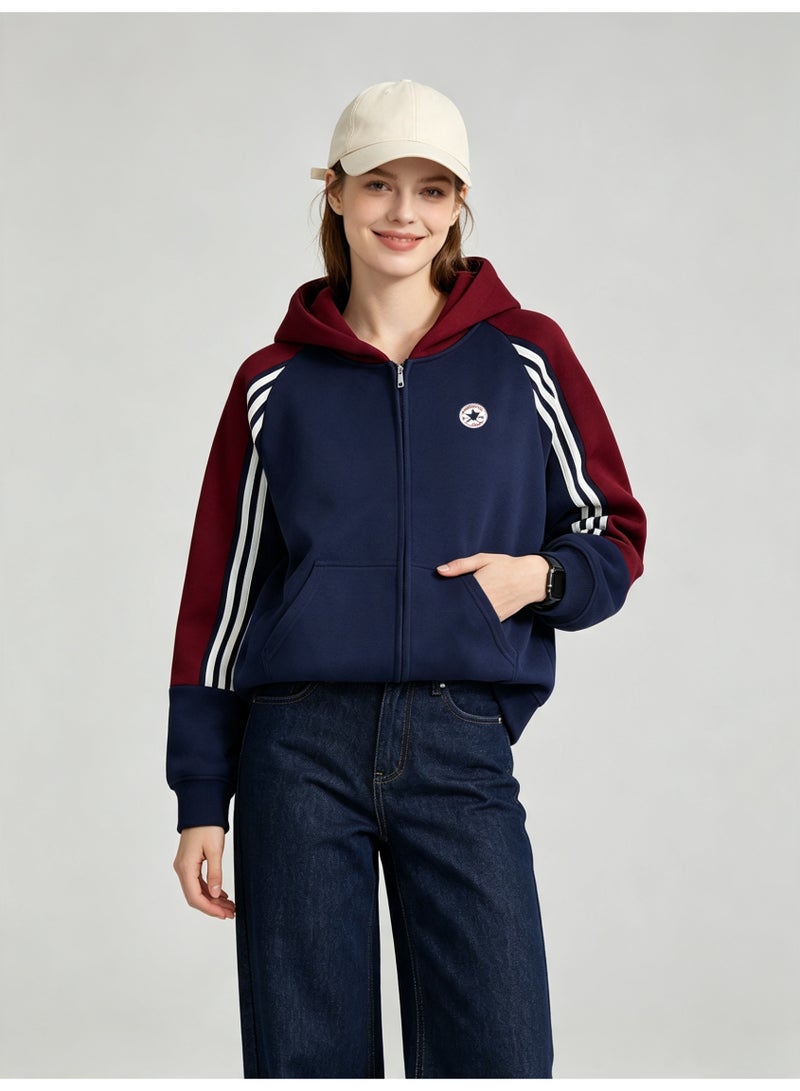 كونفرس Converse men and women with matching color hooded striped raglan sleeve zipper jacket - Image 4