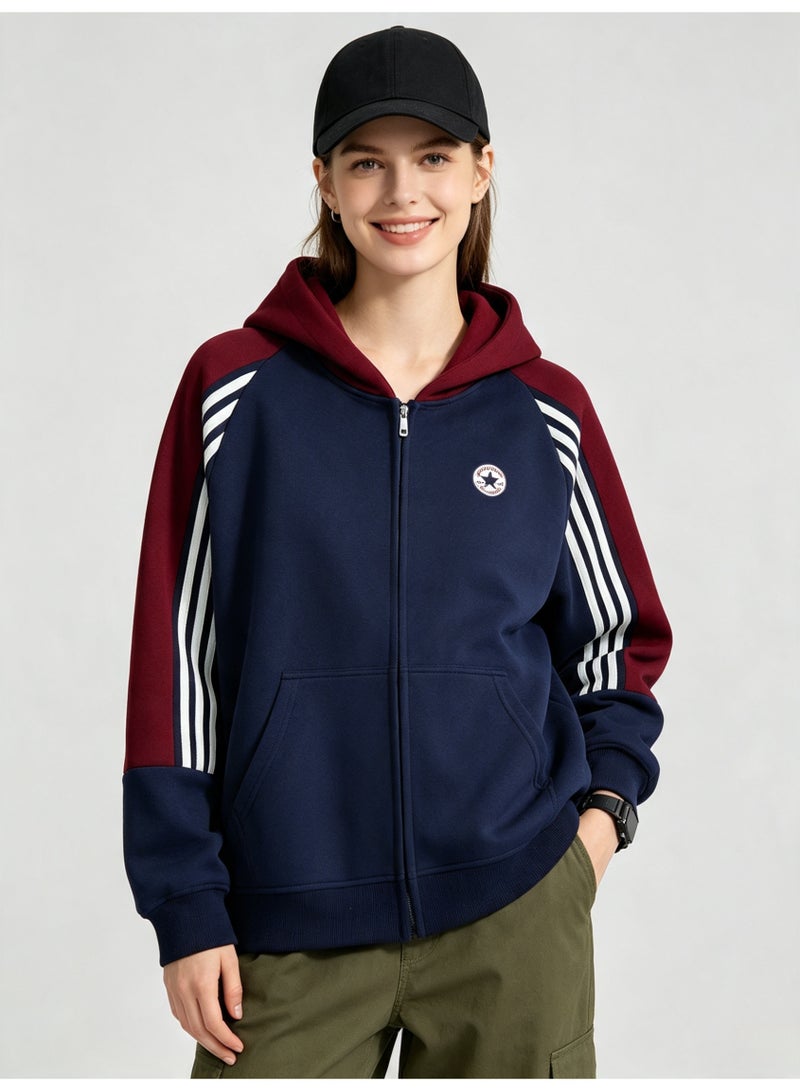 كونفرس Converse men and women with matching color hooded striped raglan sleeve zipper jacket - Image 5