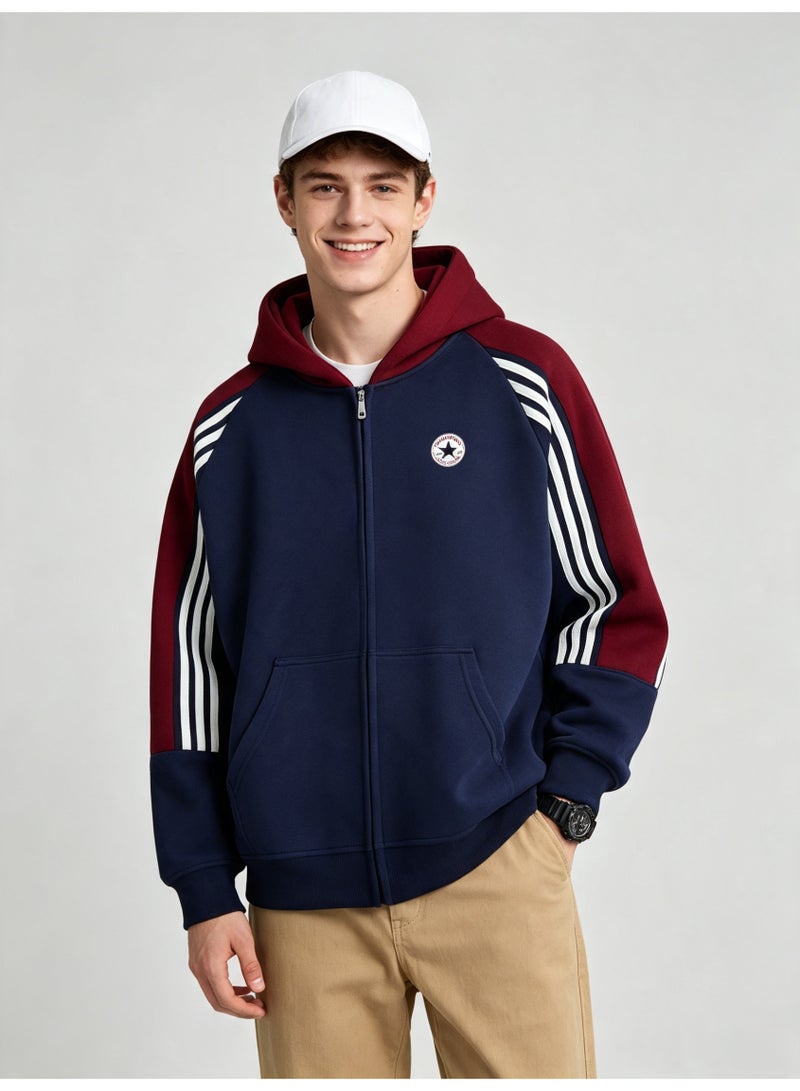 كونفرس Converse men and women with matching color hooded striped raglan sleeve zipper jacket - Image 3
