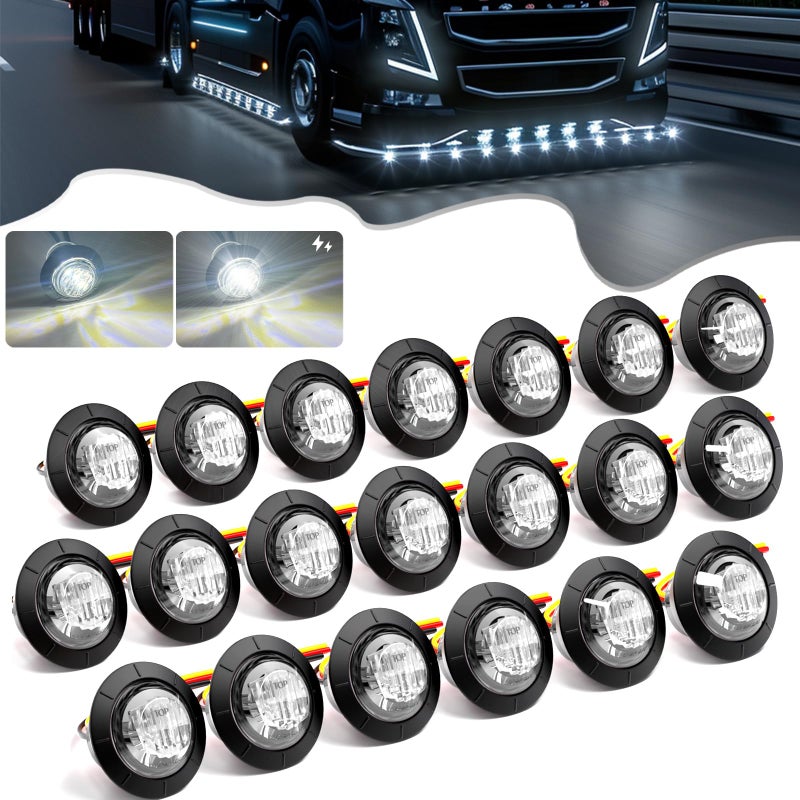 PSEQT 20Pcs 3/4" Strobe Flash+Steady Marker Lights Dual Function White LED Trailer Side Clearance Tail Round Lights 12V Running Warning Indicator Waterproof Lamps for Trailer Truck Bus ATV UTV Van RV - Image 1