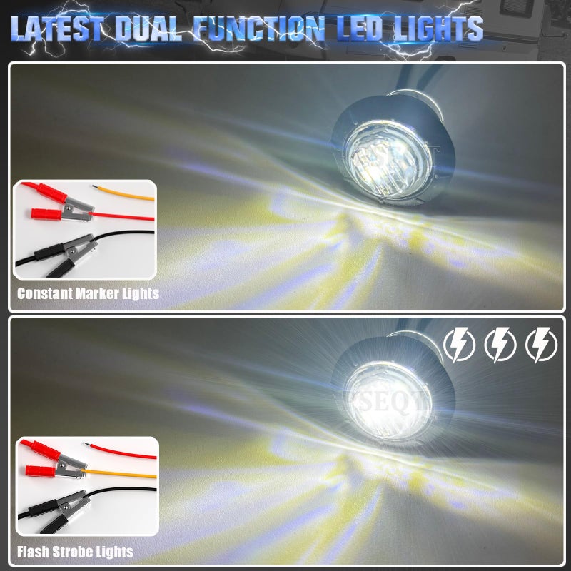 PSEQT 20Pcs 3/4" Strobe Flash+Steady Marker Lights Dual Function White LED Trailer Side Clearance Tail Round Lights 12V Running Warning Indicator Waterproof Lamps for Trailer Truck Bus ATV UTV Van RV - Image 2