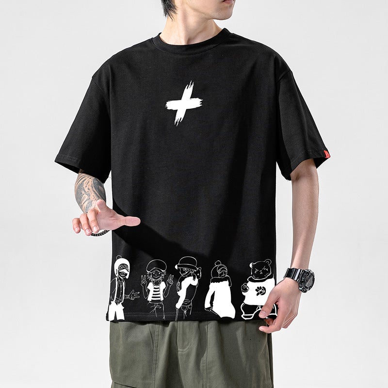 2020 Summer New Japanese Style Cartoon Printed Short-sleeved T-shirt Men's Large Size Loose Fashionable Casual Half-sleeved Top - Image 2