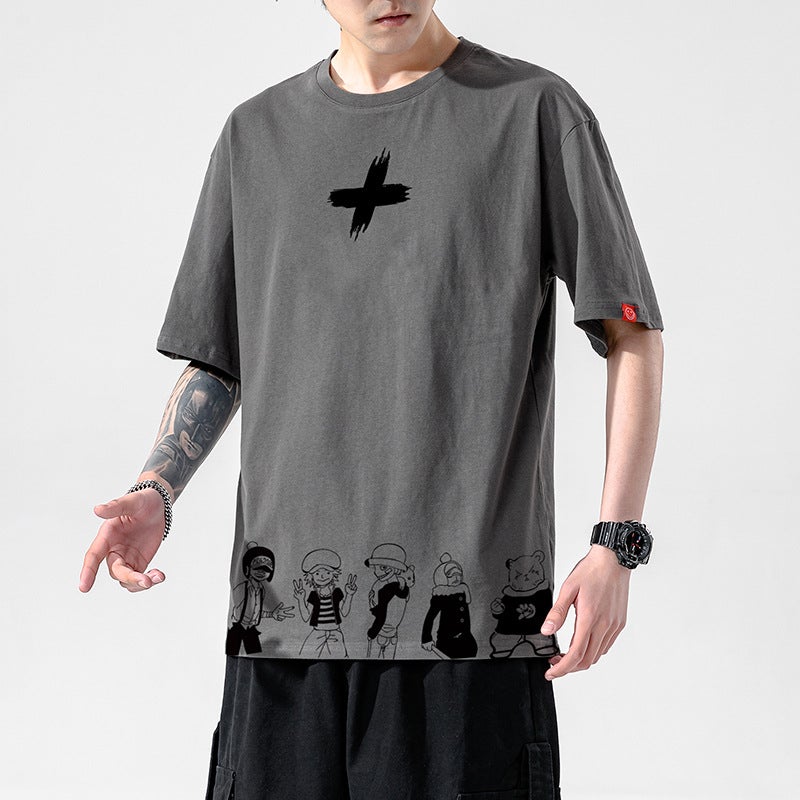 2020 Summer New Japanese Style Cartoon Printed Short-sleeved T-shirt Men's Large Size Loose Fashionable Casual Half-sleeved Top - Image 3