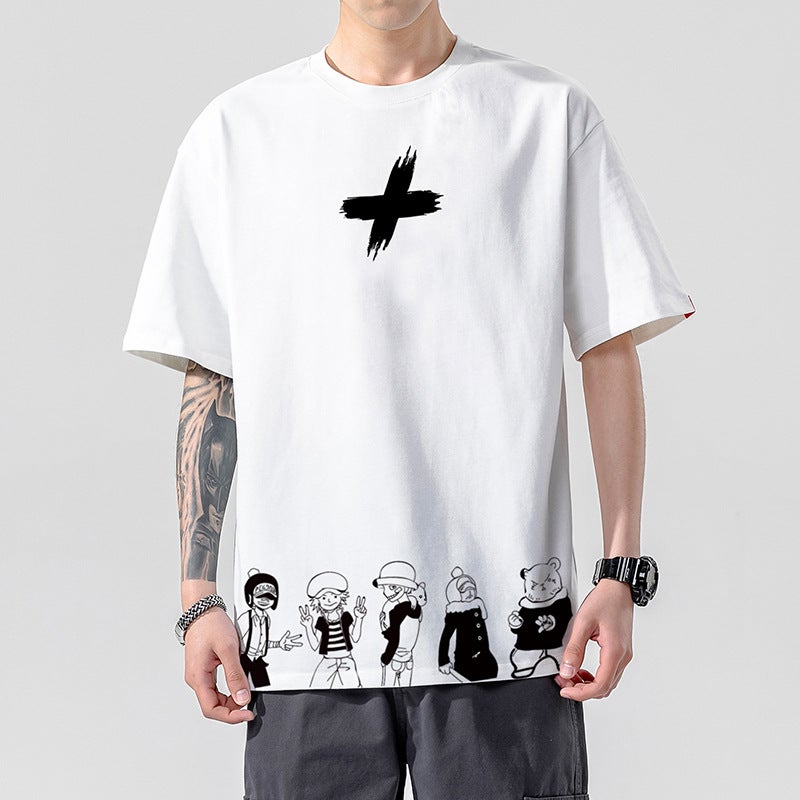 2020 Summer New Japanese Style Cartoon Printed Short-sleeved T-shirt Men's Large Size Loose Fashionable Casual Half-sleeved Top - Image 4