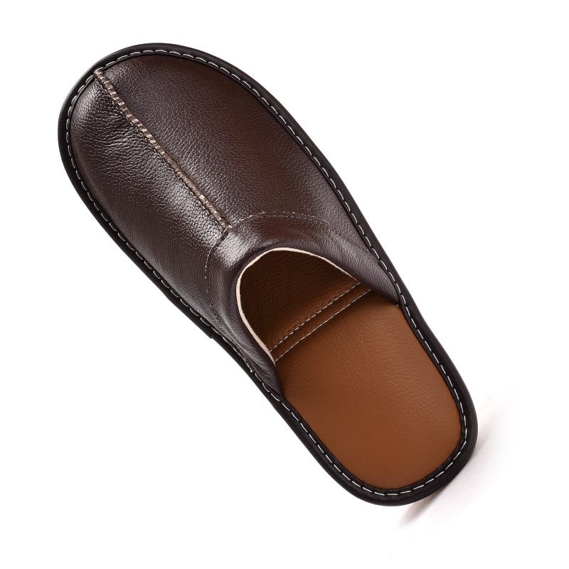 JOOFAN Menâ€™s Genuine Cowhide Leather Slippers, Breathable Leather Soft Smooth Sole Bedroom Flat Shoes House Slippers Indoor Outdoor (DarkBrown, 10-11, Adult, Men, 10, Numeric, US Footwear Size System, Medium) - Image 1