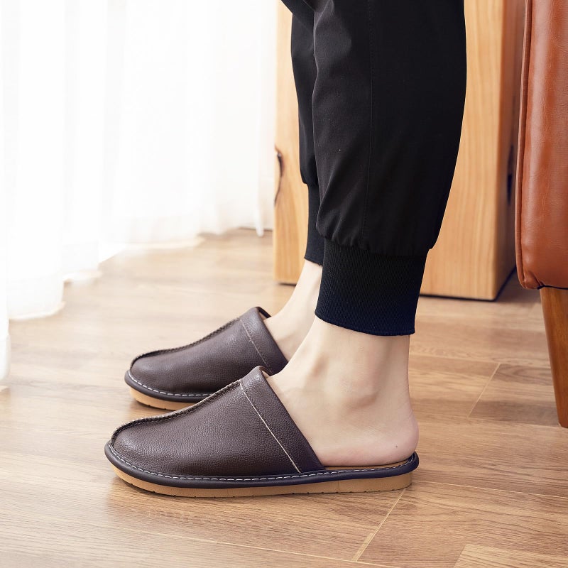 JOOFAN Menâ€™s Genuine Cowhide Leather Slippers, Breathable Leather Soft Smooth Sole Bedroom Flat Shoes House Slippers Indoor Outdoor (DarkBrown, 10-11, Adult, Men, 10, Numeric, US Footwear Size System, Medium) - Image 3