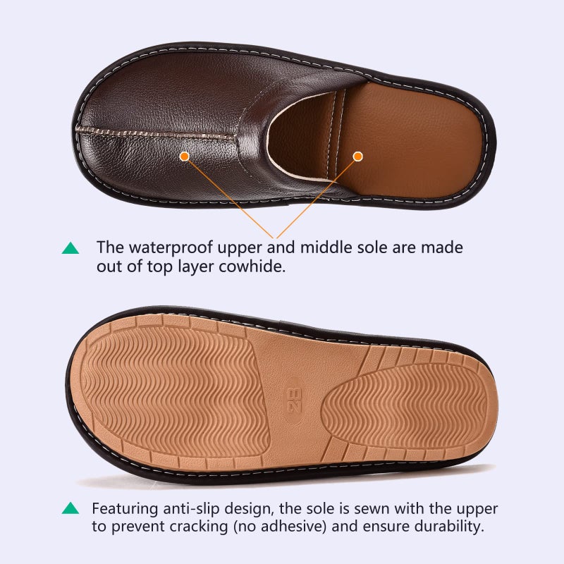 JOOFAN Menâ€™s Genuine Cowhide Leather Slippers, Breathable Leather Soft Smooth Sole Bedroom Flat Shoes House Slippers Indoor Outdoor (DarkBrown, 10-11, Adult, Men, 10, Numeric, US Footwear Size System, Medium) - Image 5