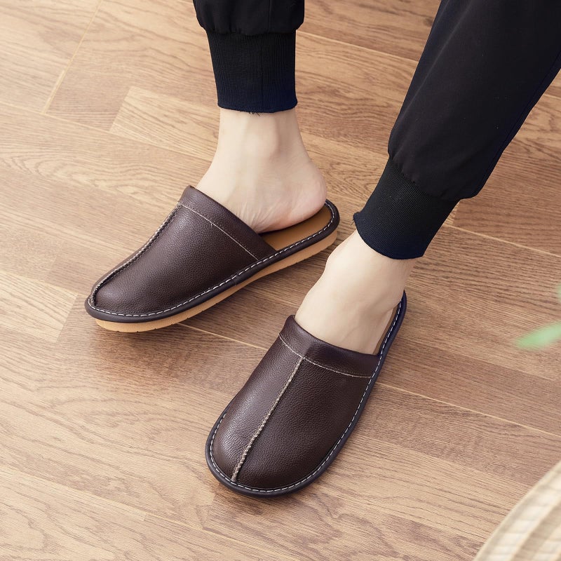 JOOFAN Menâ€™s Genuine Cowhide Leather Slippers, Breathable Leather Soft Smooth Sole Bedroom Flat Shoes House Slippers Indoor Outdoor (DarkBrown, 10-11, Adult, Men, 10, Numeric, US Footwear Size System, Medium) - Image 2