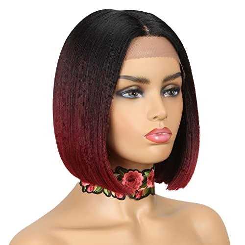 NOBLE Lace Front Wigs for Women Burgundy Red Bob Wigs for Women 10 inches Short Blunt Cut Ombre Bob Wigs Realistic Synthetic Wigs for Party and Daily Use - Image 1
