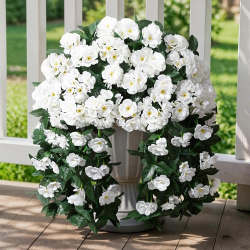 Ivydale Artificial Fake Hanging Flowers Geraniums for Outdoors Spring Outside Decor 2 PCS Faux Silk Flowers UV Resistant Outdoor Plants Realistic White Trailing Vines for Planters Porch Patio Garden Balcony - Image 3