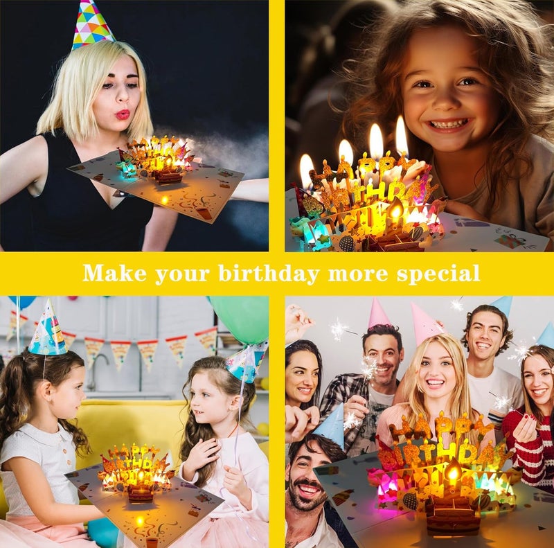 بطاقات عيد ميلاد ثلاثية الأبعاد منبثقة، بطاقات كعكة عيد ميلاد مع موسيقى خفيفة وإضاءة LED دافئة ملونة، أفضل بطاقة عيد ميلاد سعيد للأم والزوجة والأخت والفتاة والأصدقاء، عبوة واحدة - Image 3
