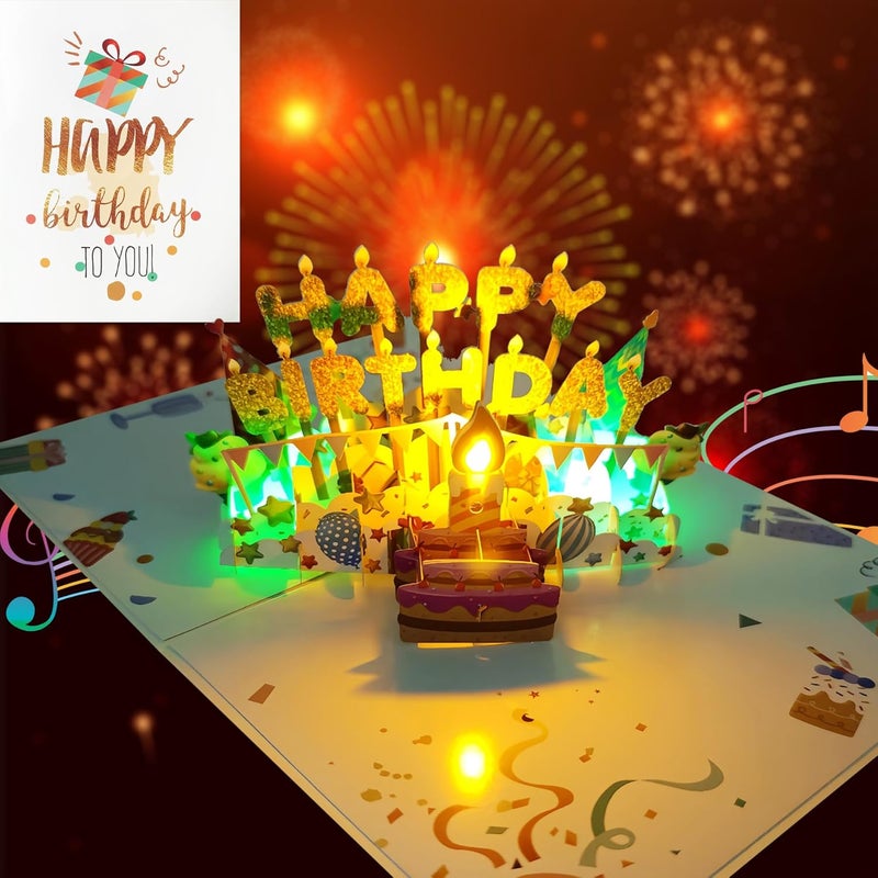 بطاقات عيد ميلاد ثلاثية الأبعاد منبثقة، بطاقات كعكة عيد ميلاد مع موسيقى خفيفة وإضاءة LED دافئة ملونة، أفضل بطاقة عيد ميلاد سعيد للأم والزوجة والأخت والفتاة والأصدقاء، عبوة واحدة - Image 4