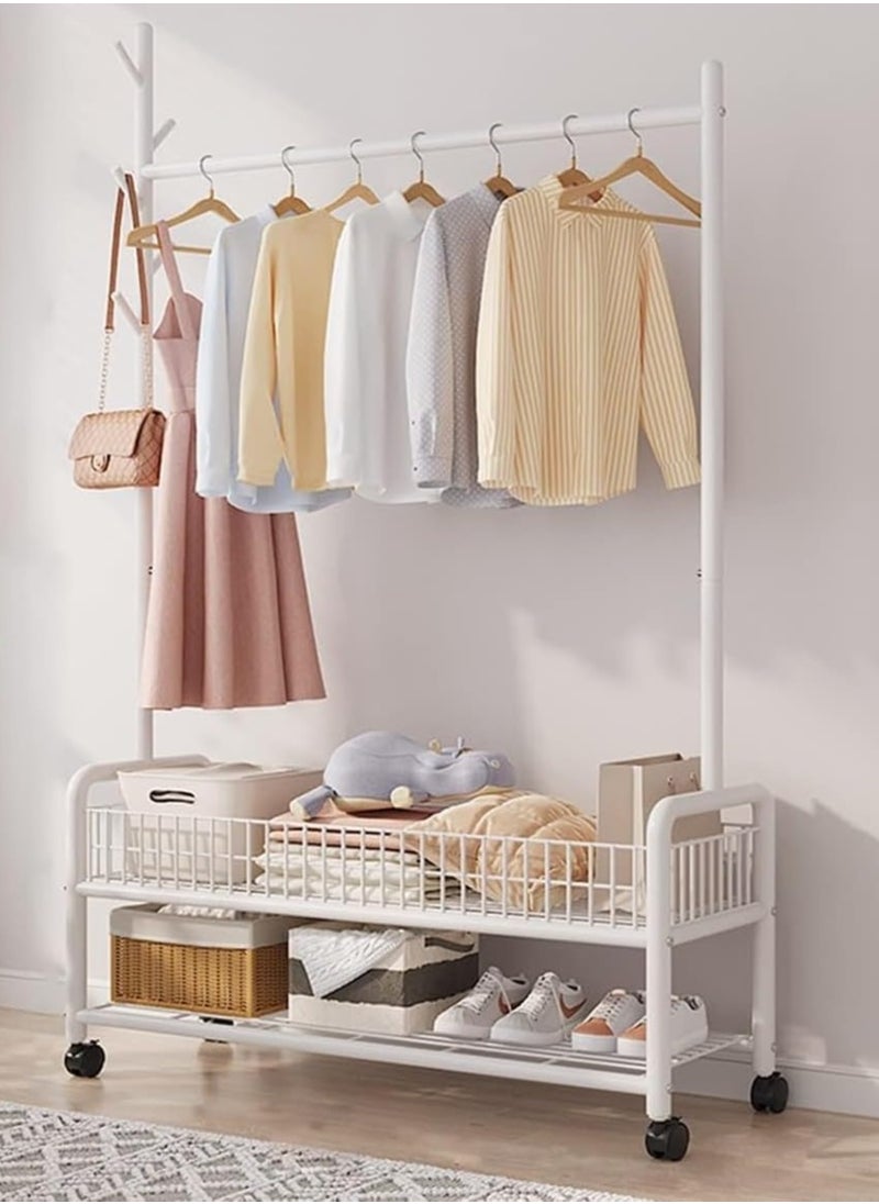 Generic Garment Rack,Heavy Duty Clothes Rack with 2 Tier Storage,Cloth Stand Storage Rack with Wheels and Hooks,Freestanding Metal Cloak Rack with Basket and shelf for Clothes,Hats Shoes 176×120×35cm (White)  - Image 1
