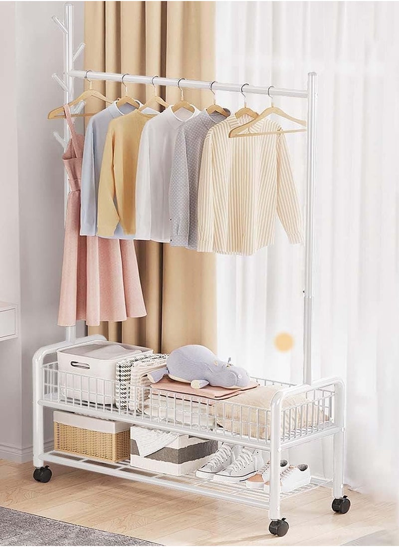 Generic Garment Rack,Heavy Duty Clothes Rack with 2 Tier Storage,Cloth Stand Storage Rack with Wheels and Hooks,Freestanding Metal Cloak Rack with Basket and shelf for Clothes,Hats Shoes 176×120×35cm (White)  - Image 2