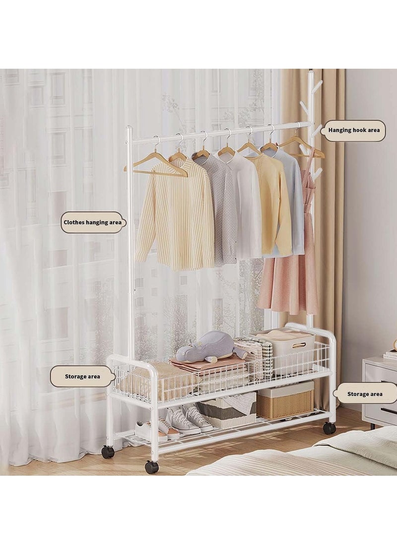 Generic Garment Rack,Heavy Duty Clothes Rack with 2 Tier Storage,Cloth Stand Storage Rack with Wheels and Hooks,Freestanding Metal Cloak Rack with Basket and shelf for Clothes,Hats Shoes 176×120×35cm (White)  - Image 4