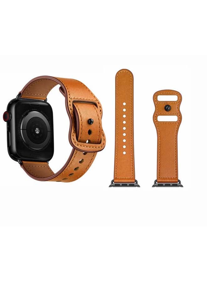 Perfii Infinity Solid Leather Replacement Band for Apple Watch Series 1/2/3/4/5/6/SE 44/42mm Brown - Image 2