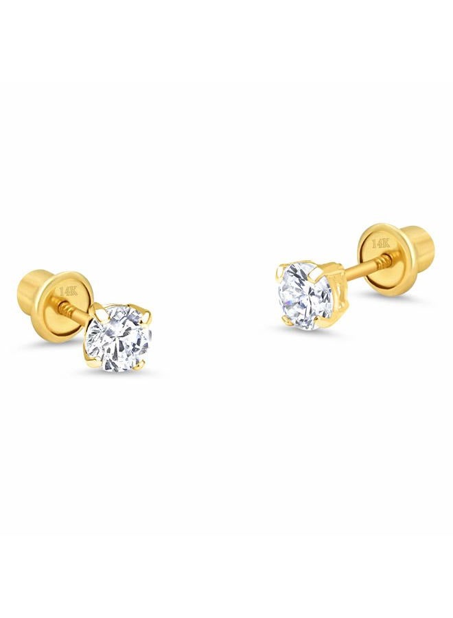Lovearing 14k Yellow Gold Tiny Small 2mm Basket Round Cubic Zirconia Children Screw Back Baby Girls Earrings - Image 1
