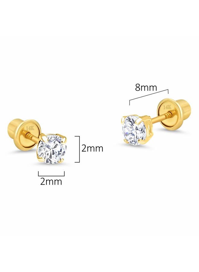 Lovearing 14k Yellow Gold Tiny Small 2mm Basket Round Cubic Zirconia Children Screw Back Baby Girls Earrings - Image 2