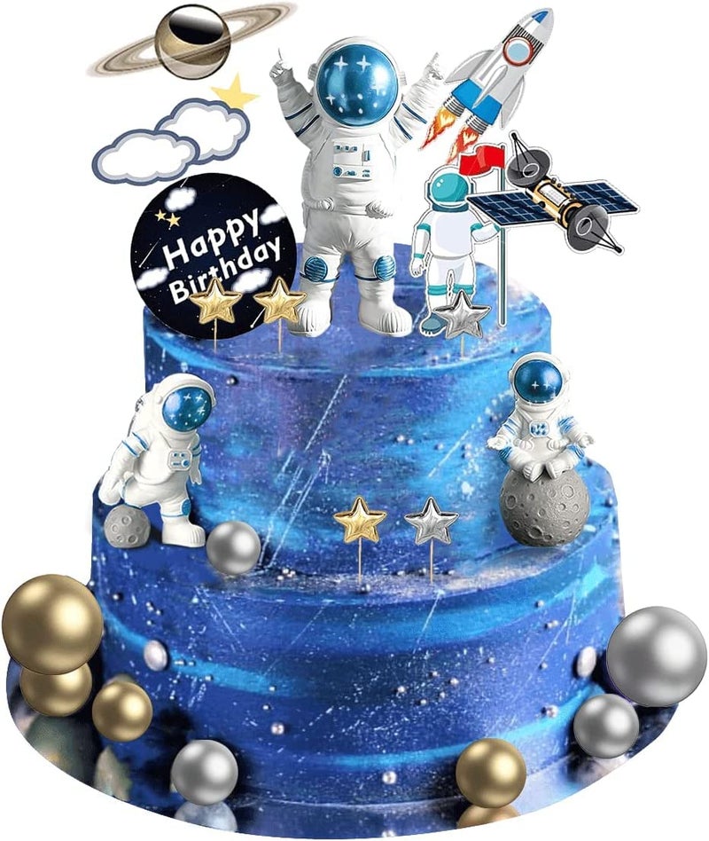 CANIPHA 22Pcs Space Cake Topper Space Cupcake Toppers Astronaut Figurine Birthday Outer Space Themed Party Decorations Supplies Planet Rocket Pearl Balls and Star DIY Cake Toppers for Kids Party Baby Shower - Image 1
