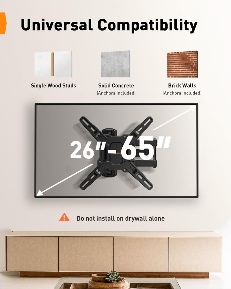 Perlegear Full Motion TV Mount for Most 26–65 inch Flat or Curved TVs up to 82 lbs, Wall Mount TV Bracket with Articulating Arms, Tool-Free Tilt, Swivel, Extension, Max VESA 400x400mm, PGMF3 - Image 2