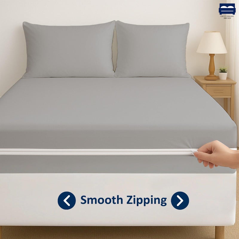 Cottingon Full 1 PC Zipper Fitted Sheet, Brushed Premium Quality Microfiber, Soft Shrinkage and Fade Resistant Bottom Sheet fits Upto 16 Inch Deep Pocket, Zipper Mattress Cover, Light Grey - Image 4
